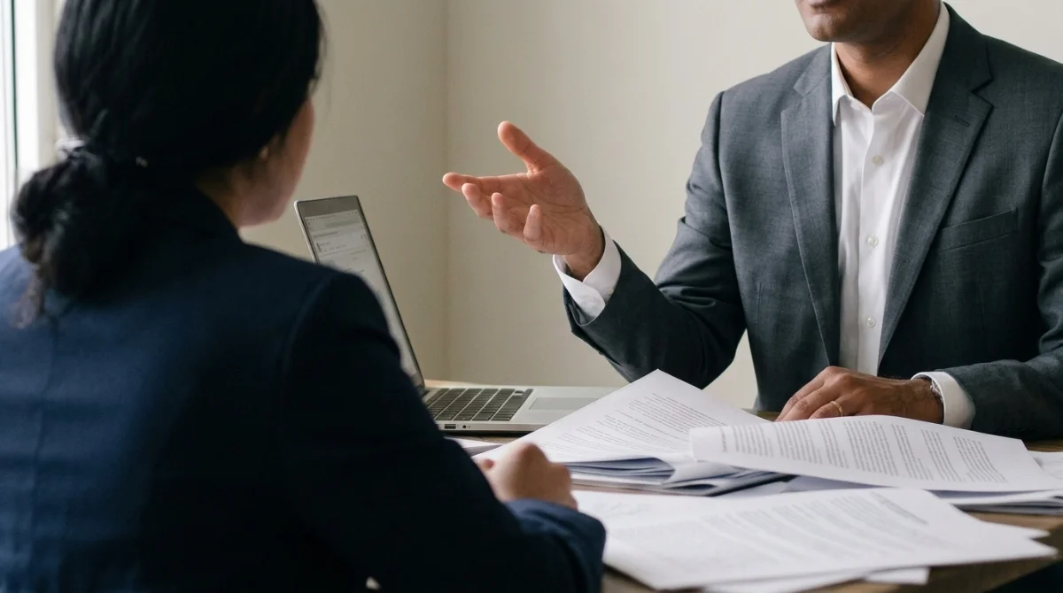 2 people across a table, documents between them