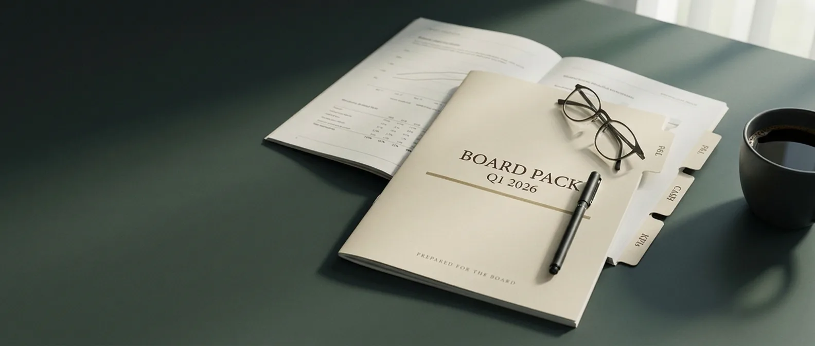 A printed, tabbed board pack open on a partner's desk beside reading glasses and a pen