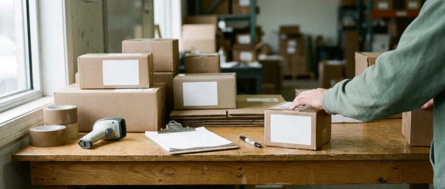 Labeled parcels stacked on a fulfillment bench