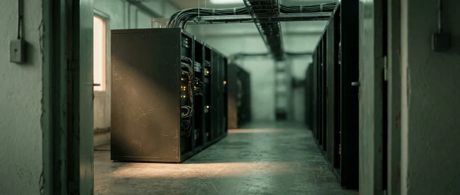 A dim server aisle with amber status lights